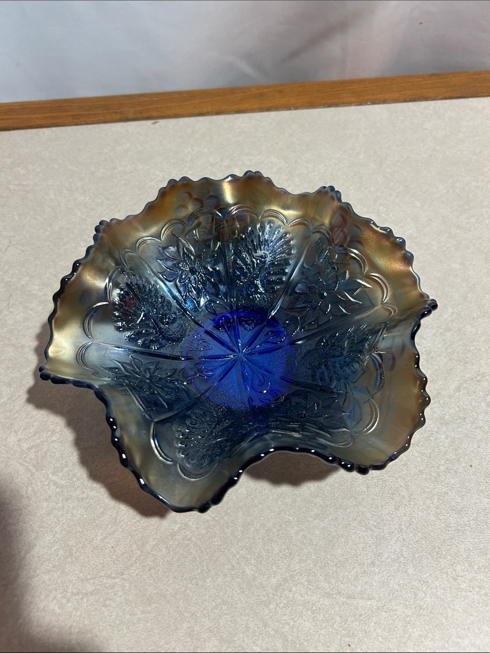 Authentic Antique 1920 Fenton Cobalt Blue Carnival Star Bowl Grape Pattern